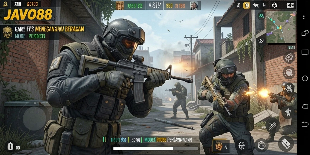 Screenshot gameplay JAVO88 menampilkan aksi tembak-menembak yang mendebarkan.