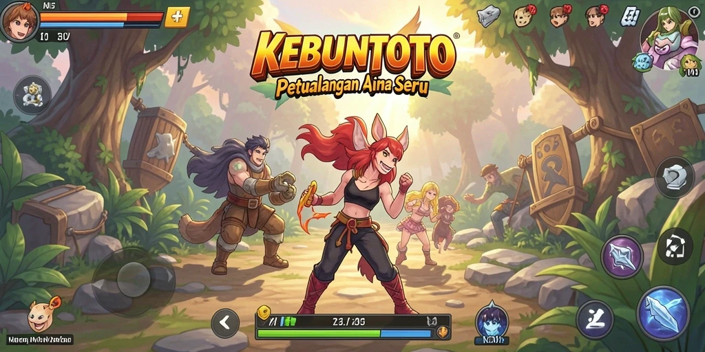 Tampilan gameplay KEBUNTOTO yang penuh warna dan karakter menarik.